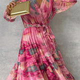 Maxi- Kadın Çiçek Desenli Uzun Kollu Elbise