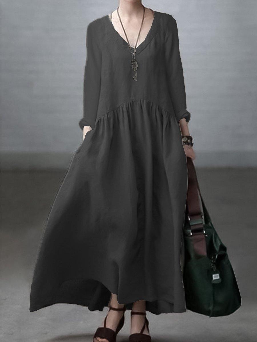 Seralina Basit ve Bol V Yaka Pamuk ve Keten Elbise