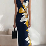 Lacivert V Yaka Çiçek Desenli Kolsuz Elbise