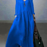 Seralina Basit ve Bol V Yaka Pamuk ve Keten Elbise