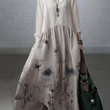 Seralina Basit ve Bol V Yaka Pamuk ve Keten Elbise