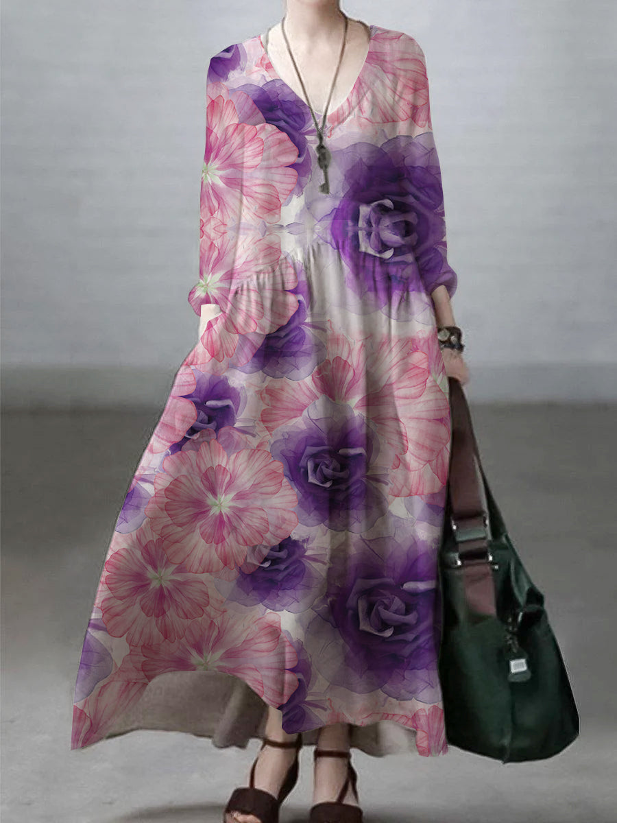 Seralina Basit ve Bol V Yaka Pamuk ve Keten Elbise