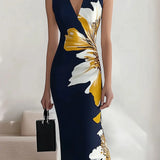 Lacivert V Yaka Çiçek Desenli Kolsuz Elbise