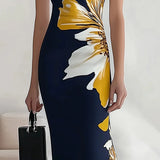 Lacivert V Yaka Çiçek Desenli Kolsuz Elbise