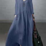 Seralina Basit ve Bol V Yaka Pamuk ve Keten Elbise