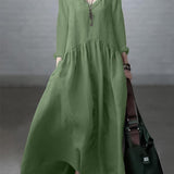 Seralina Basit ve Bol V Yaka Pamuk ve Keten Elbise