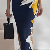 Lacivert V Yaka Çiçek Desenli Kolsuz Elbise