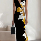 Lacivert V Yaka Çiçek Desenli Kolsuz Elbise