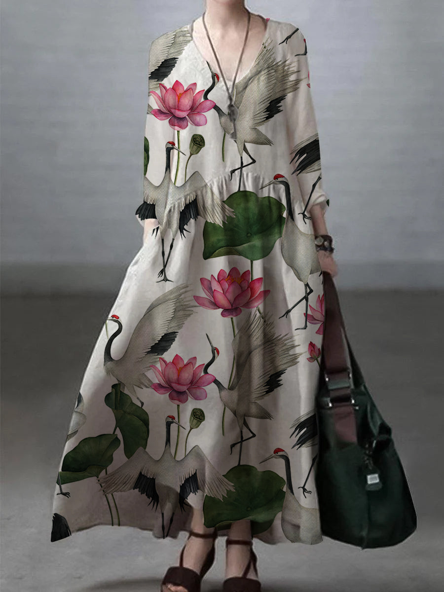 Seralina Basit ve Bol V Yaka Pamuk ve Keten Elbise