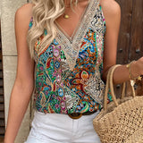 Hailey | Buntes Paisley ärmelloses V-Ausschnitt Tank Top mit Spitze