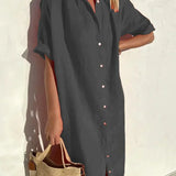Tori – Uzun Kollu ve Düğmeli Kadın Şık Günlük Elbise, Pamuk ve Keten Kumaş