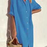 Tori – Uzun Kollu ve Düğmeli Kadın Şık Günlük Elbise, Pamuk ve Keten Kumaş
