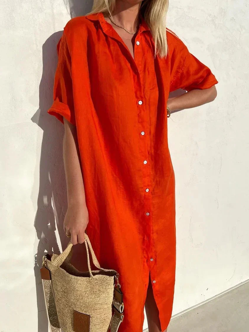 Tori – Uzun Kollu ve Düğmeli Kadın Şık Günlük Elbise, Pamuk ve Keten Kumaş