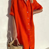 Tori – Uzun Kollu ve Düğmeli Kadın Şık Günlük Elbise, Pamuk ve Keten Kumaş