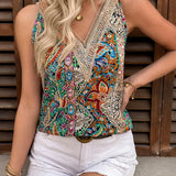 Hailey | Buntes Paisley ärmelloses V-Ausschnitt Tank Top mit Spitze